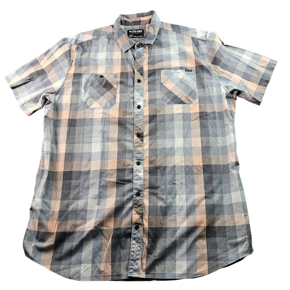 Zoo York Unbreakable Shirt Mens Tall 2XL Coral Gray Plaid Short Sleeve Button-Up